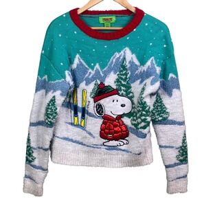 Peanuts Skiing Snoopy Teal White Winter Fuzzy Sweater Charlie Brown XS